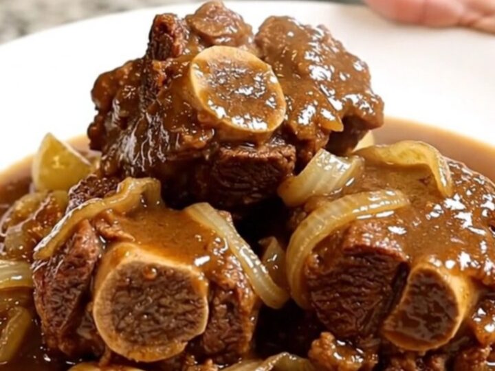 A slow cooker filled with tender beef neck bones, golden potatoes, and sliced onions in a rich brown broth.