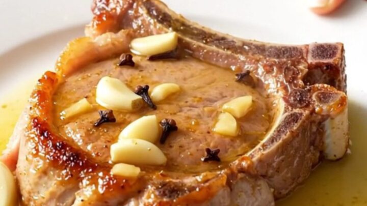 A close-up of tender, bone-in pork chops covered in a buttery garlic sauce with whole garlic cloves.