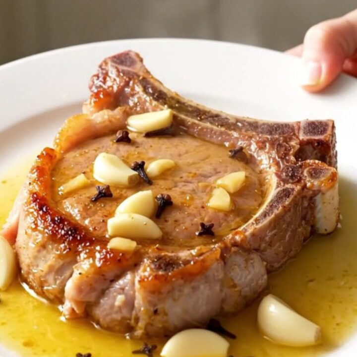 A close-up of tender, bone-in pork chops covered in a buttery garlic sauce with whole garlic cloves.