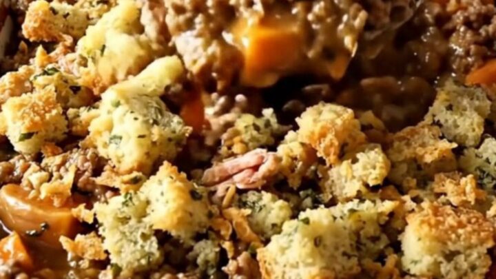 A top-down view of a rectangular ceramic baking dish filled with a golden, bubbling turkey, sweet potato, and stuffing bake.