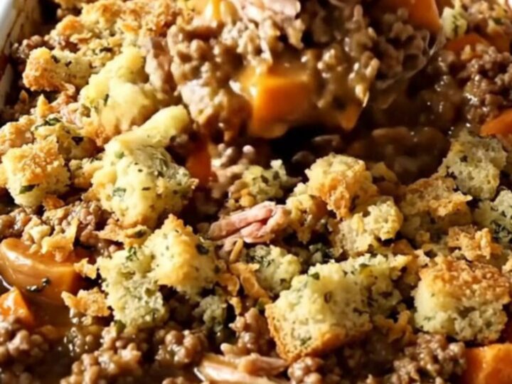 A top-down view of a rectangular ceramic baking dish filled with a golden, bubbling turkey, sweet potato, and stuffing bake.