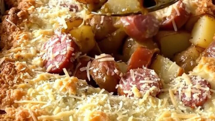 A golden, bubbling one-pan baked meal of sliced smoked sausage and quartered red potatoes with Parmesan.