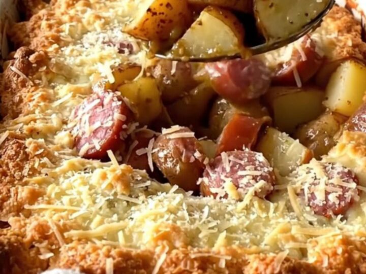 A golden, bubbling one-pan baked meal of sliced smoked sausage and quartered red potatoes with Parmesan.