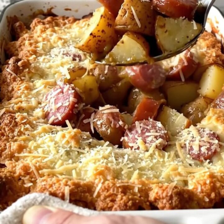 A golden, bubbling one-pan baked meal of sliced smoked sausage and quartered red potatoes with Parmesan.
