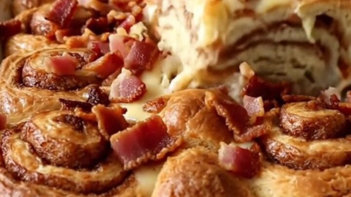 A golden, puffed maple bacon cinnamon roll bake in a white ceramic dish.
