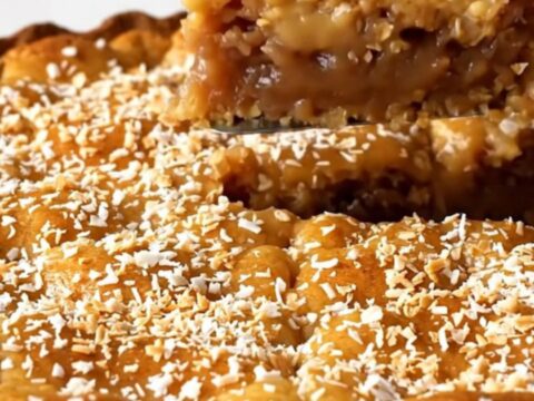 A golden, crustless oatmeal pie in a white ceramic dish with a toasted coconut topping.
