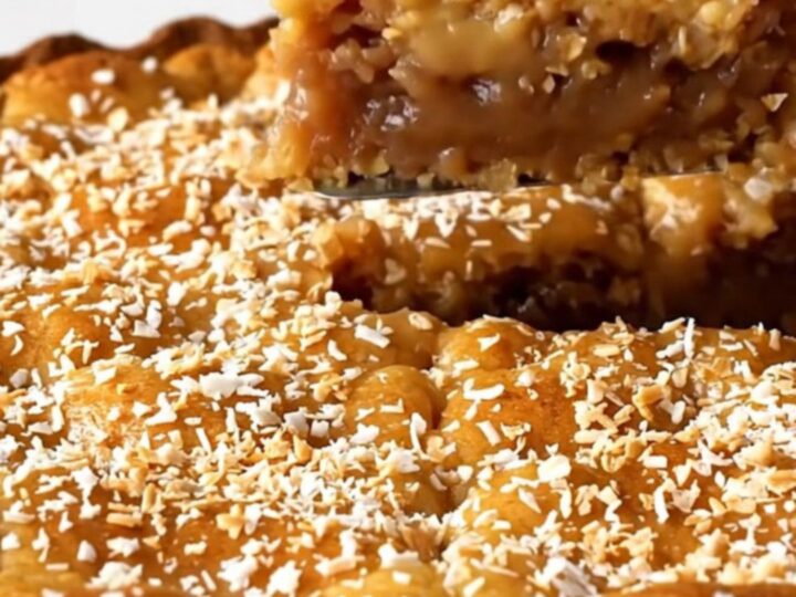 A golden, crustless oatmeal pie in a white ceramic dish with a toasted coconut topping.