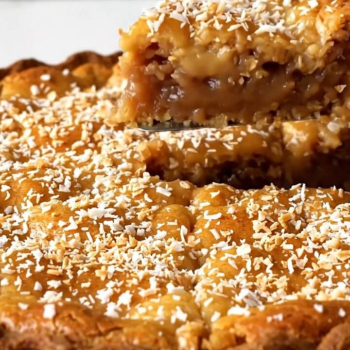 A golden, crustless oatmeal pie in a white ceramic dish with a toasted coconut topping.