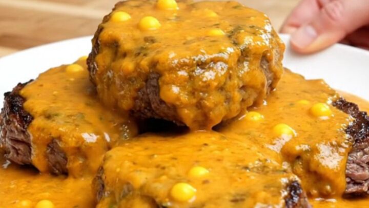 A close-up shot of tender burger steaks smothered in a creamy, orange-tinted pimento cheese sauce on a white plate.