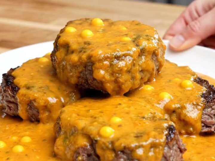 A close-up shot of tender burger steaks smothered in a creamy, orange-tinted pimento cheese sauce on a white plate.