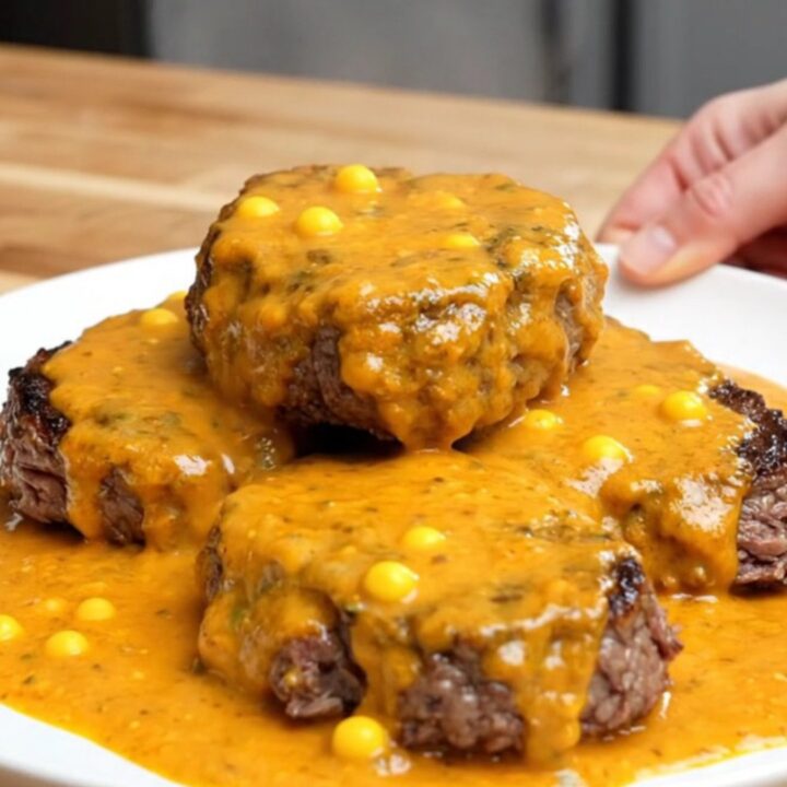 A close-up shot of tender burger steaks smothered in a creamy, orange-tinted pimento cheese sauce on a white plate.