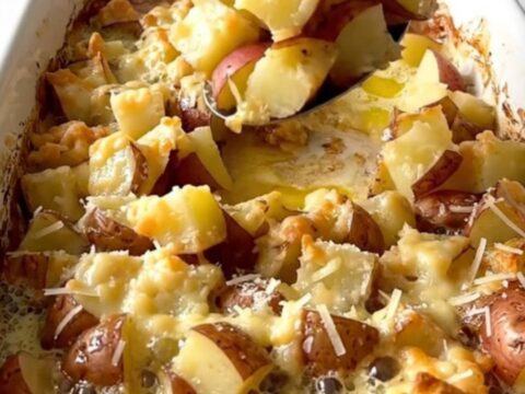 A ceramic baking dish filled with golden-brown roasted potato cubes topped with melted parmesan cheese.