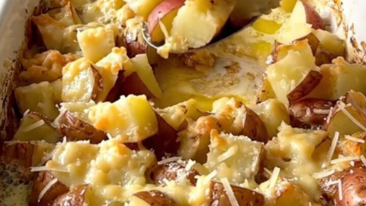 A ceramic baking dish filled with golden-brown roasted potato cubes topped with melted parmesan cheese.