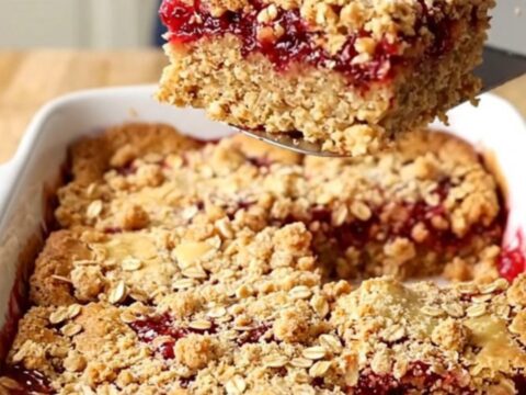 A top-down view of raspberry jam oat crumble bars in a white rectangular baking dish on a butcher-block counter.