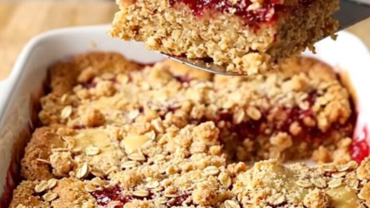 A top-down view of raspberry jam oat crumble bars in a white rectangular baking dish on a butcher-block counter.