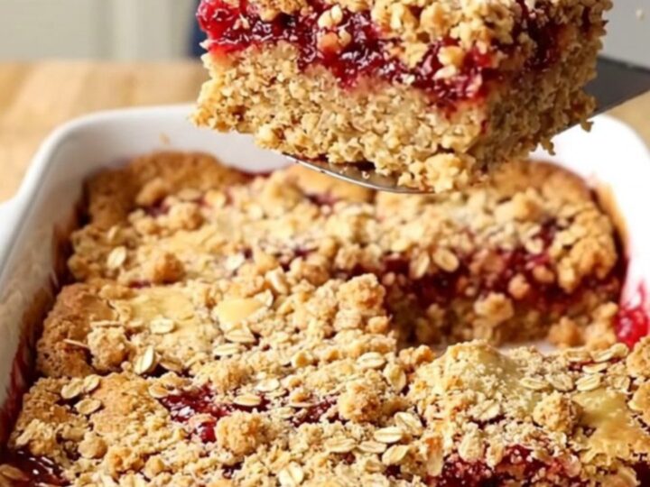 A top-down view of raspberry jam oat crumble bars in a white rectangular baking dish on a butcher-block counter.