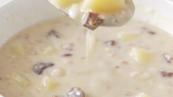 A top-down view of the creamy potato and chipped beef soup served in a white bowl on a quartz countertop.
