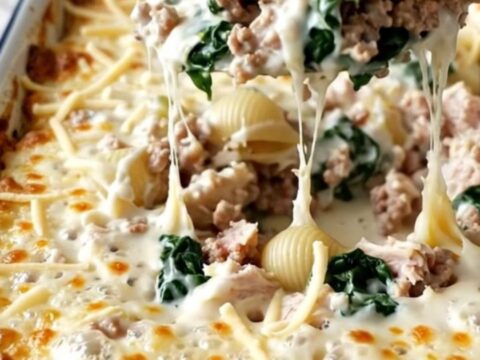 A top-down view of a rectangular white baking dish filled with pasta shells, ground turkey, and spinach in a creamy sauce.