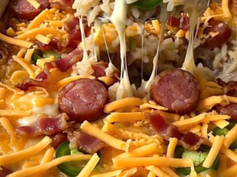 A top-down view of a creamy jalapeno popper sausage rice bake in a ceramic dish, topped with melted cheddar and bacon.