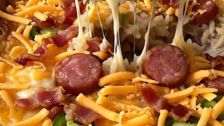 A top-down view of a creamy jalapeno popper sausage rice bake in a ceramic dish, topped with melted cheddar and bacon.