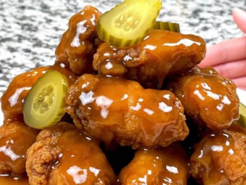 A close-up shot of Nashville hot honey chicken tenders with a glossy sauce and pickle chips on a plate.