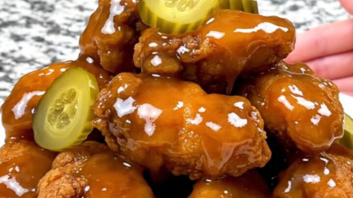 A close-up shot of Nashville hot honey chicken tenders with a glossy sauce and pickle chips on a plate.