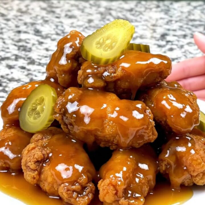 A close-up shot of Nashville hot honey chicken tenders with a glossy sauce and pickle chips on a plate.