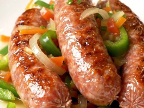 A close-up of tender Italian sausage links served with colorful peppers, onions, and giardiniera on a white plate.