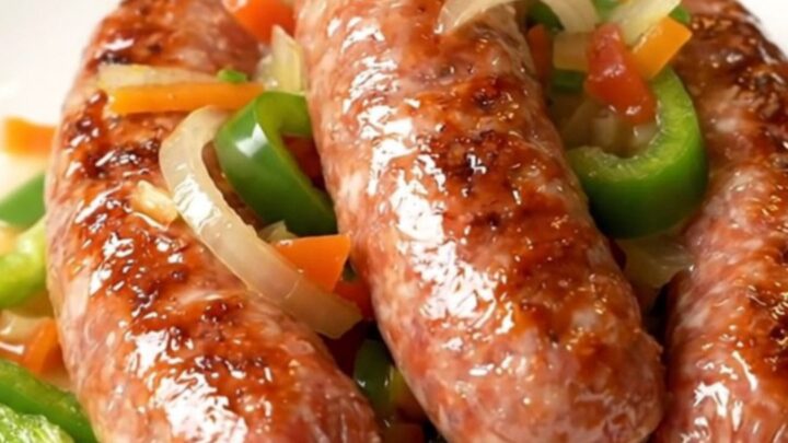 A close-up of tender Italian sausage links served with colorful peppers, onions, and giardiniera on a white plate.