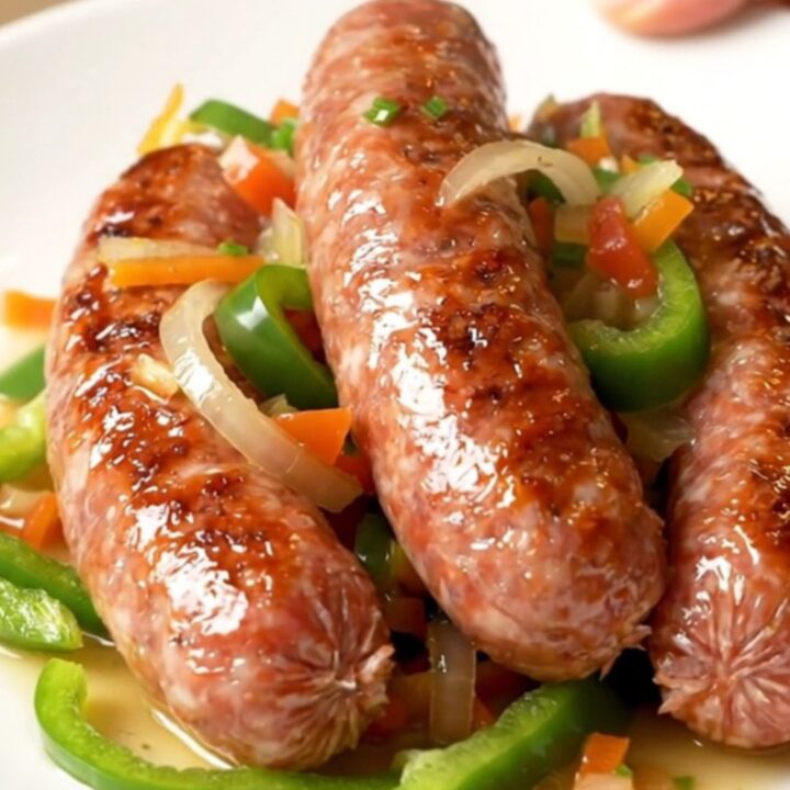 A close-up of tender Italian sausage links served with colorful peppers, onions, and giardiniera on a white plate.