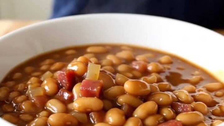 A white ceramic slow cooker filled with slow-cooked Boston baked beans, showing a rich, dark, molasses-based sauce.