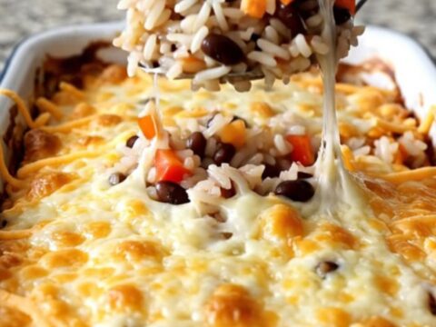 A golden, bubbling black bean and rice casserole in a white baking dish on a kitchen counter.