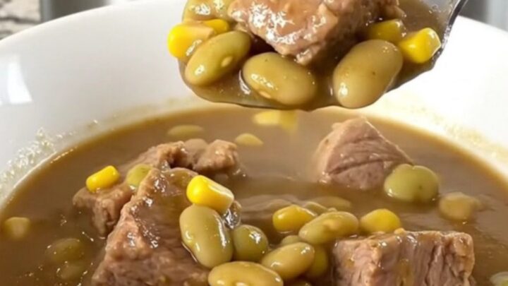 A close-up view of the finished pork succotash stew in a white bowl with steam rising.