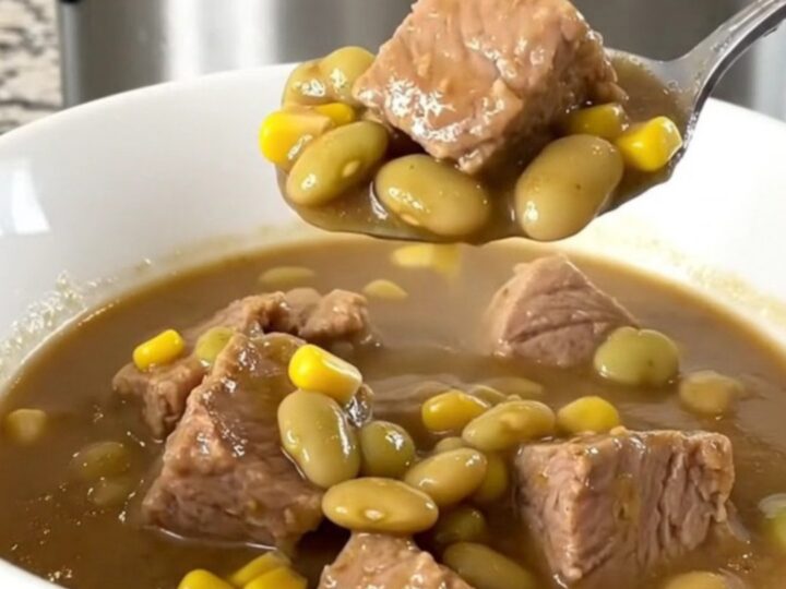 A close-up view of the finished pork succotash stew in a white bowl with steam rising.