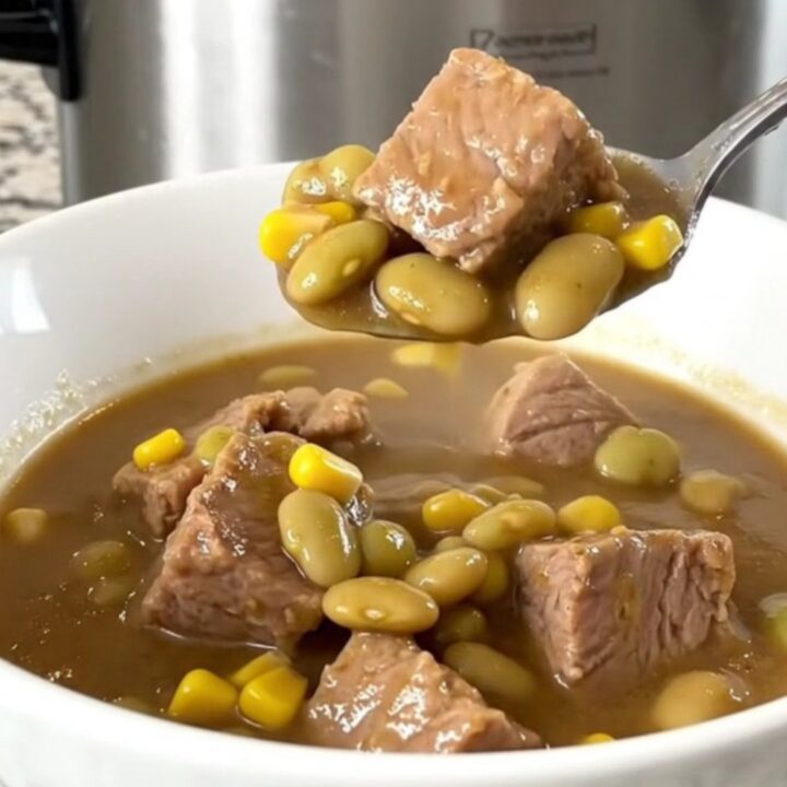 A close-up view of the finished pork succotash stew in a white bowl with steam rising.