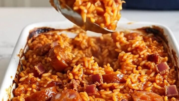 A large white ceramic baking dish filled with Savannah red rice, smoked sausage, and crumbled bacon.