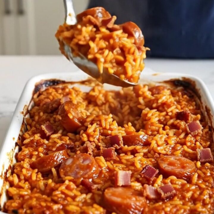A large white ceramic baking dish filled with Savannah red rice, smoked sausage, and crumbled bacon.