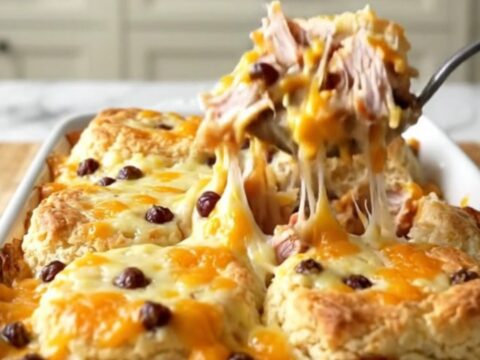 A golden, bubbling pimento cheese turkey burger biscuit bake in a rectangular white ceramic dish.