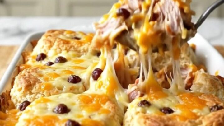 A golden, bubbling pimento cheese turkey burger biscuit bake in a rectangular white ceramic dish.