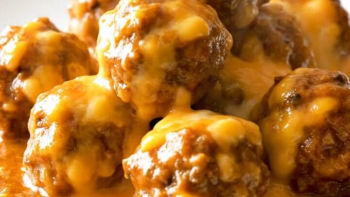 A close-up of delicious chili cheese meatballs served in a white bowl with melted cheese.