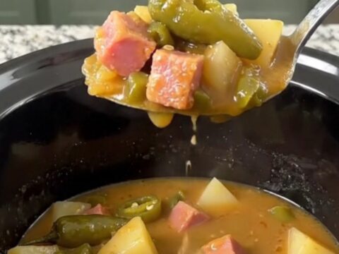 A close-up of a bowl of slow cooker green chile ham and potato stew with visible chunks of ham and potatoes.