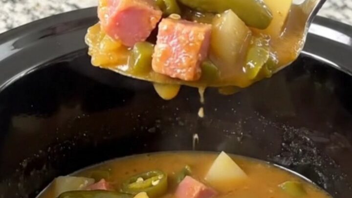 A close-up of a bowl of slow cooker green chile ham and potato stew with visible chunks of ham and potatoes.