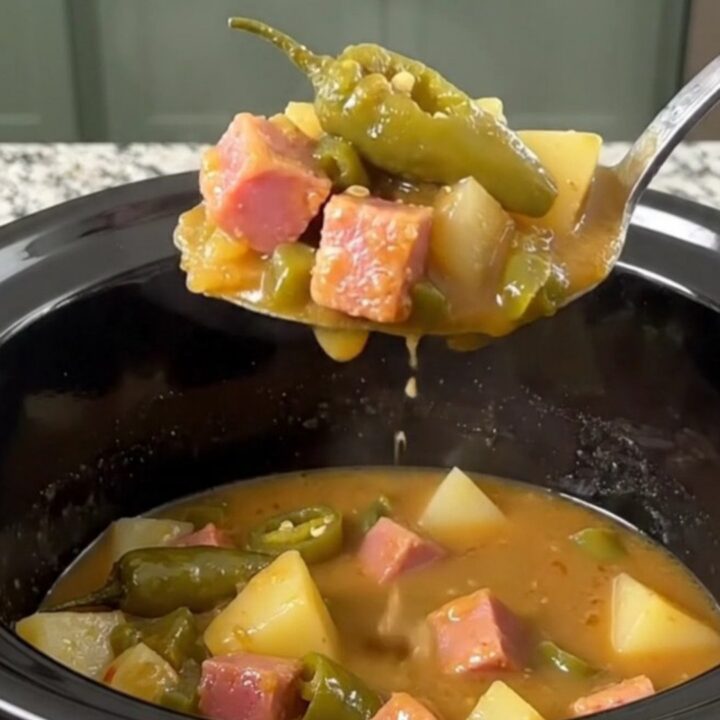 A close-up of a bowl of slow cooker green chile ham and potato stew with visible chunks of ham and potatoes.