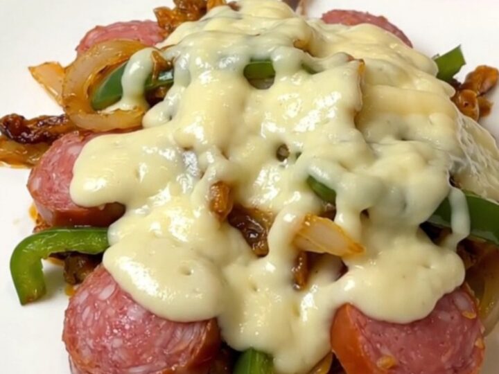 A close-up of slow cooker Philly sausage and peppers topped with melted provolone cheese.