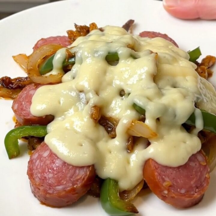 A close-up of slow cooker Philly sausage and peppers topped with melted provolone cheese.