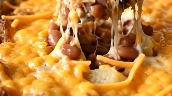 A top-down view of a rectangular baking dish filled with layers of sliced potatoes, ground turkey, beans, and melted cheese.