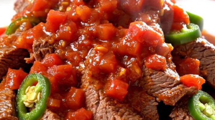 A close-up of tender, slow-cooked round steak strips in a rich tomato sauce with golden potatoes and jalapeños.