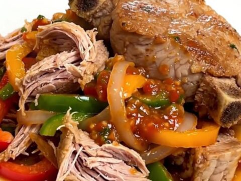 A close-up of tender, shredded fajita pork served on a white plate with colorful peppers and onions.