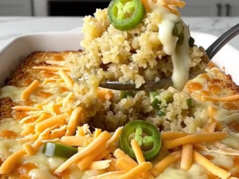A top-down view of a rectangular baking dish filled with golden cornbread dressing topped with melted cheddar cheese.