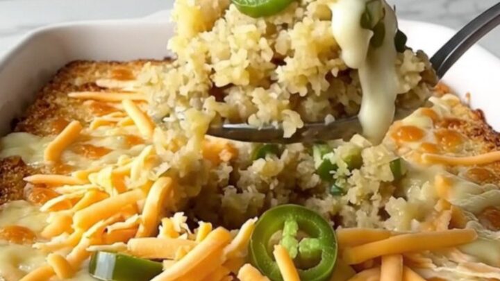A top-down view of a rectangular baking dish filled with golden cornbread dressing topped with melted cheddar cheese.